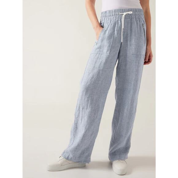 Athleta Pant Womens Size 2 Chambray Blue Cabo Linen Wide Leg Mid Rise Athletic - Picture 3 of 11